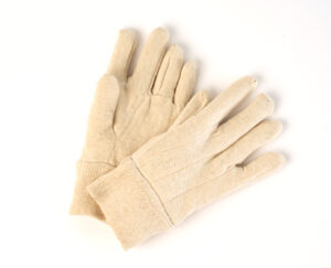 Ladies’ beige jersey gloves with knit wrist; lightweight gloves for gardening or light‑duty work.