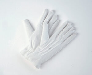 White Cotton Waiter/Parade Gloves – Lightweight professional gloves with hemmed cuff and elastic wrist, ideal for food service, handling small parts, and available in sizes S, M, L, XL – Mgear Supplies