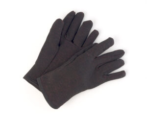 Red fleece‑lined brown jersey gloves that provide added warmth and comfort for cold‑weather tasks.