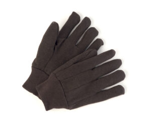 Men’s brown jersey gloves with snug knit wrist; comfortable gloves for general household and yard tasks.
