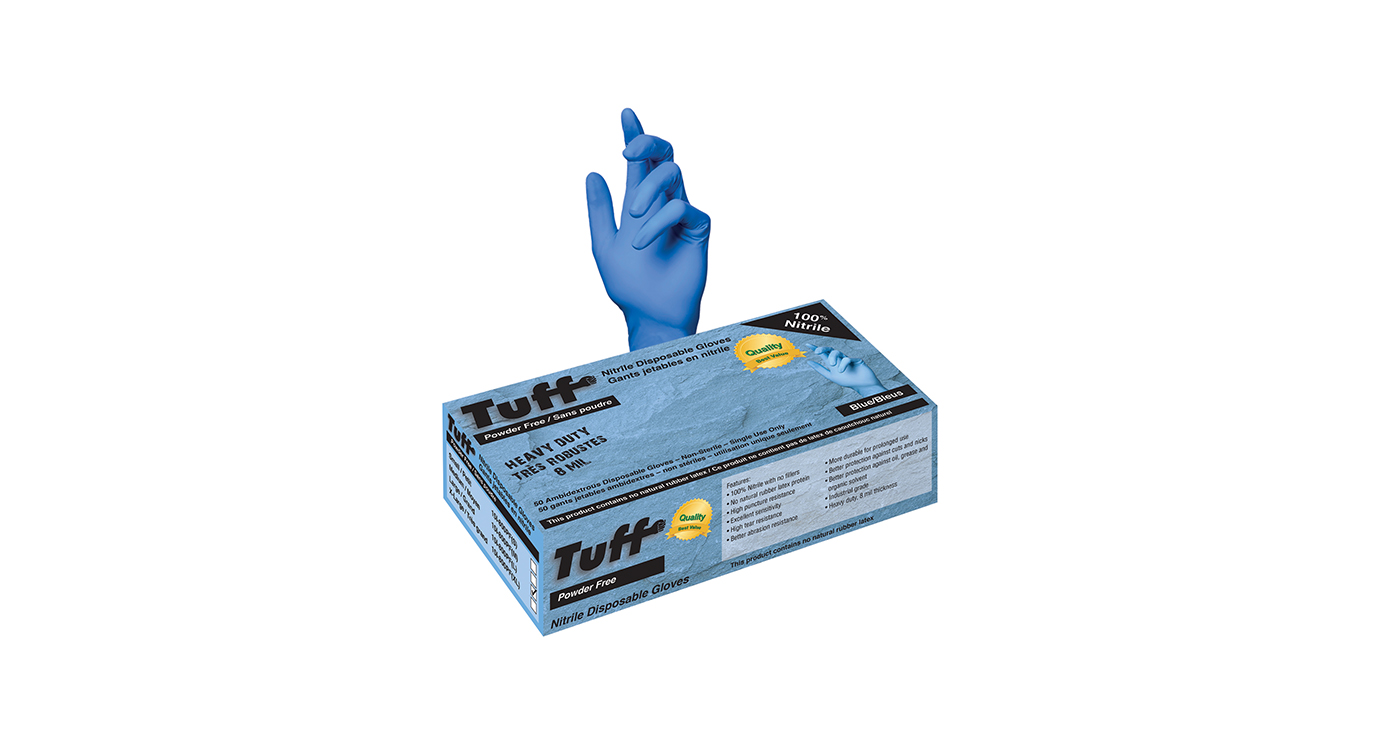 Super Tuff Blue Disposable Nitrile Gloves – Industrial-grade, 8mil thick, 100% nitrile, latex-free gloves with no fillers, designed for durability and protection in industrial, food handling, and medical applications – Mgear Supplies