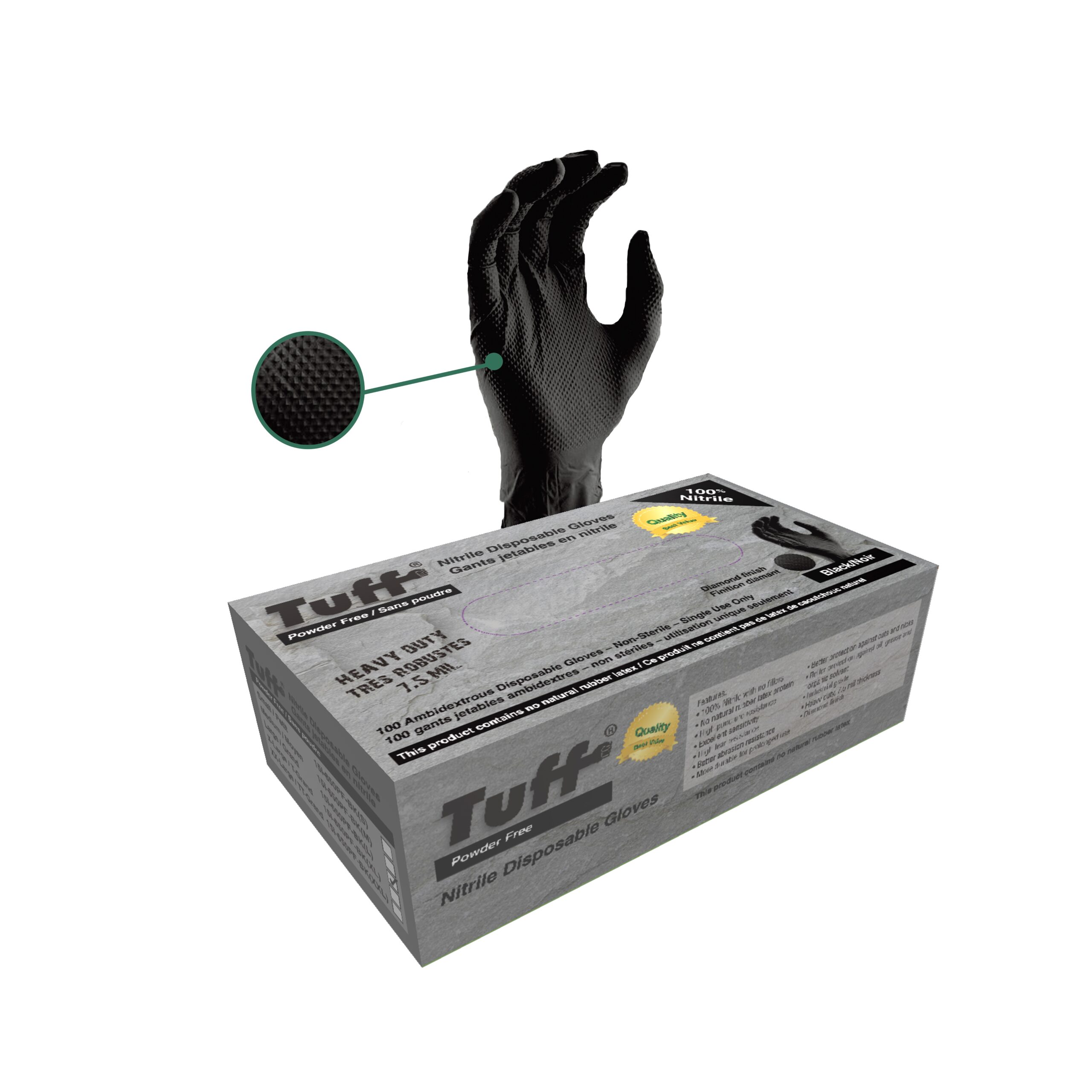 TUFF BLACK HEAVY DUTY DISPOSABLE NITRILE GLOVES, POWDER-FREE