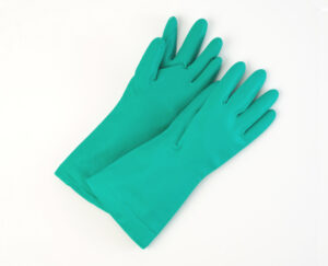 13” green nitrile gloves 15‑mil thickness with flocklined interior for industrial and medical hand protection