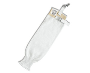 Polar Bear Plus white heavyweight Spectra knit cut-resistant arm sleeves with alligator clip attachment — ANSI A5 cut level, available for metalworking and industrial use at Mgear Supplies