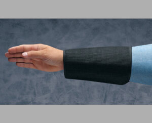 Black nylon cane mesh cut-resistant arm sleeves with Velcro closure — ANSI A4 cut level protection for metalworking, glass handling and manufacturing, available at Mgear Supplies