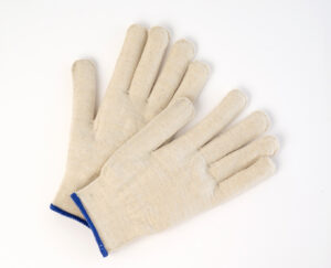 Off‑white cotton/Lycra 13‑gauge knit gloves with blue‑trimmed cuffs; flexible, lightweight gloves ideal for general tasks.