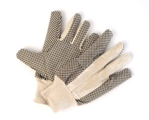 Men’s cotton drill gloves with black PVC dotted grip on palm and fingers, offering extra traction for handling tools.
