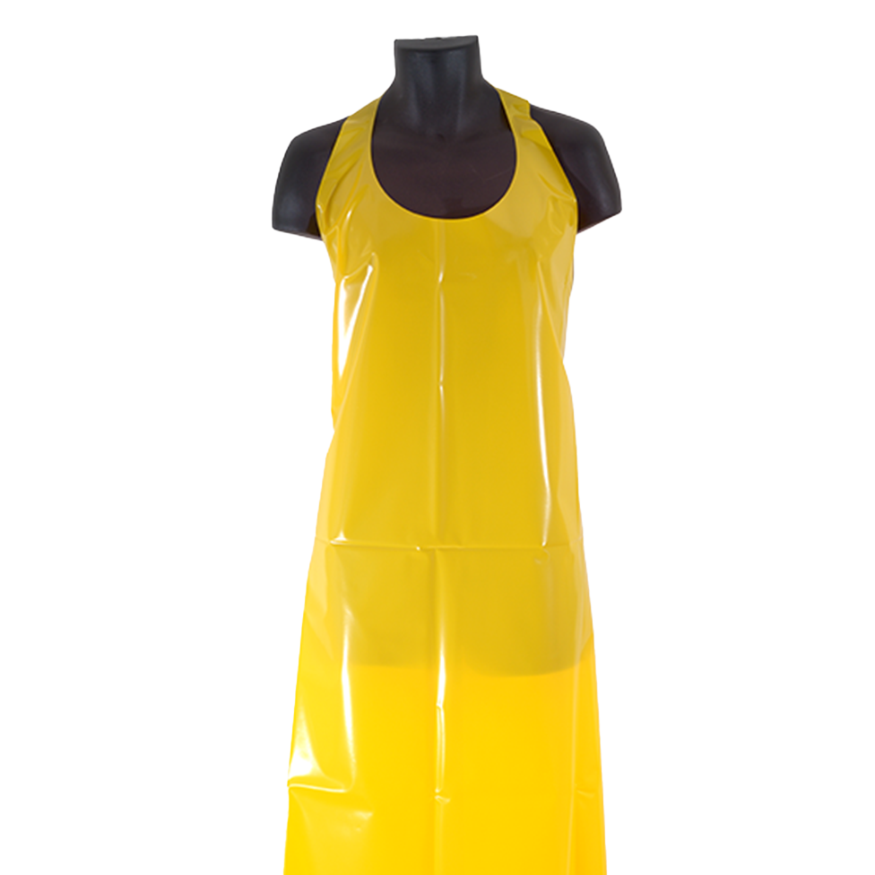 Yellow die-cut seamless reusable apron for food processing, fisheries, and aquaculture — available at Mgear Supplies